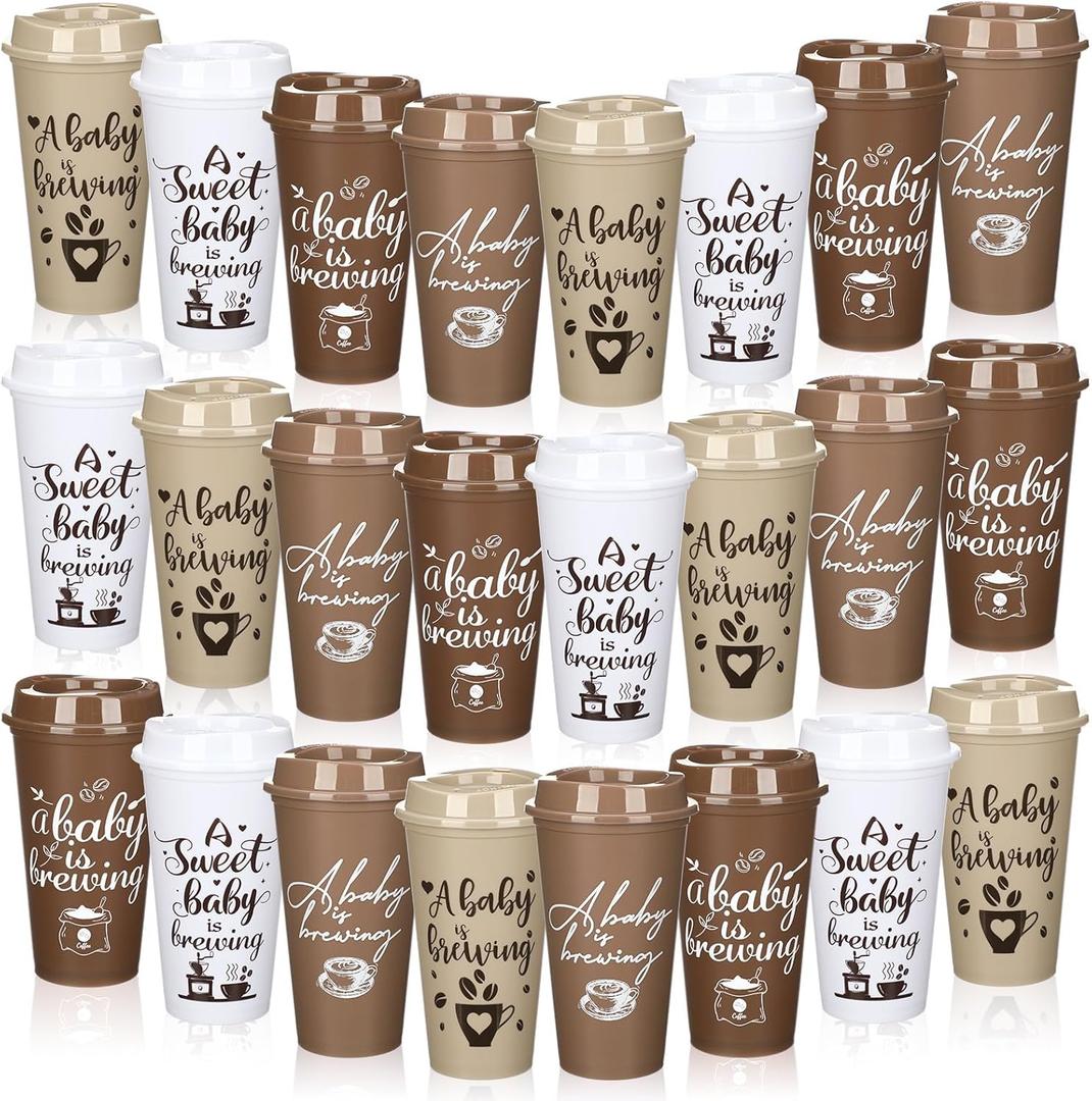 24 Pcs Baby Is Brewing Cups with Lid 16 oz Babies Is Brewing Baby Shower Decorations Coffee Themed Birthday Tumblers Bulk Plastic Cups for Gender Reveal Party Supplies Guest Gift