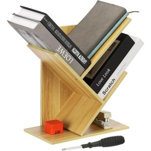 YOKIVE 3 Tier Small Tree Bookshelf, Mini Short Desktop Bookshelf Wooden Bookcase Book Organizer for Desk Home Office Living Room Bedroom, Light Walnut