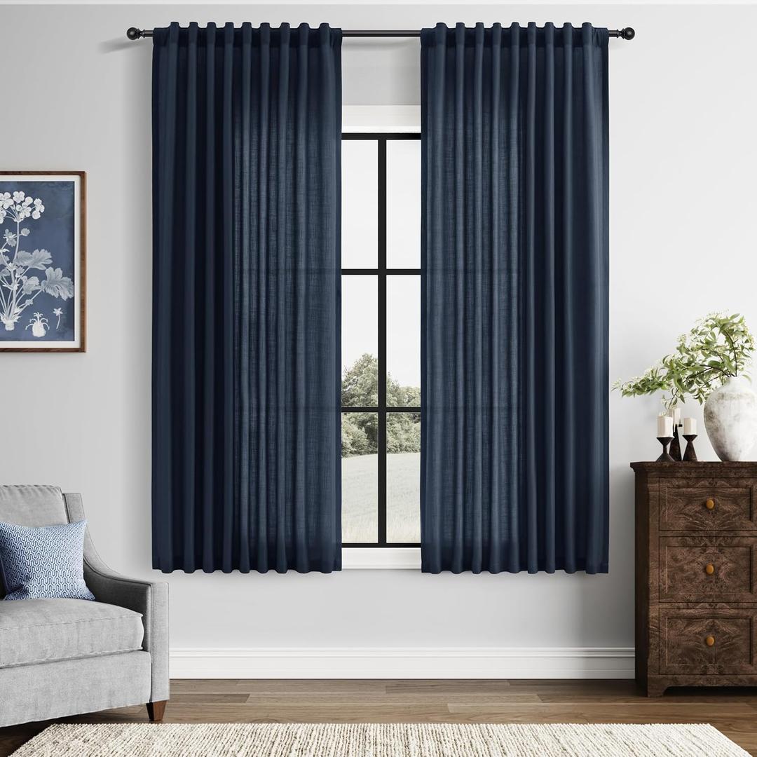 Nanspring 63 Inch Long Navy Blue Linen Curtains Luxury Small Curtain Farmhouse Light Filtering Semi Sheer Back Tab Rod Pocket Design Drapes for Bedroom Living Room Set of 2 Panels, W52 x L63 Inch