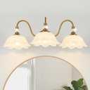 Vintage Bathroom Vanity Light, 3-Light Matte Brass Finish Vanity Light with Floral White Glass Shades, Retro Wall Sconce for Bathroom, Dressing Table