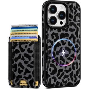 Shorogyt for iPhone 14 Pro Max Case Wallet - Fits 5 Cards, Compatible with Magsafe Detachable Magnetic Credit Card Holder Leather Cardholder Cute Phone Cover Women Girls for Apple 14 ProMax, Leopard