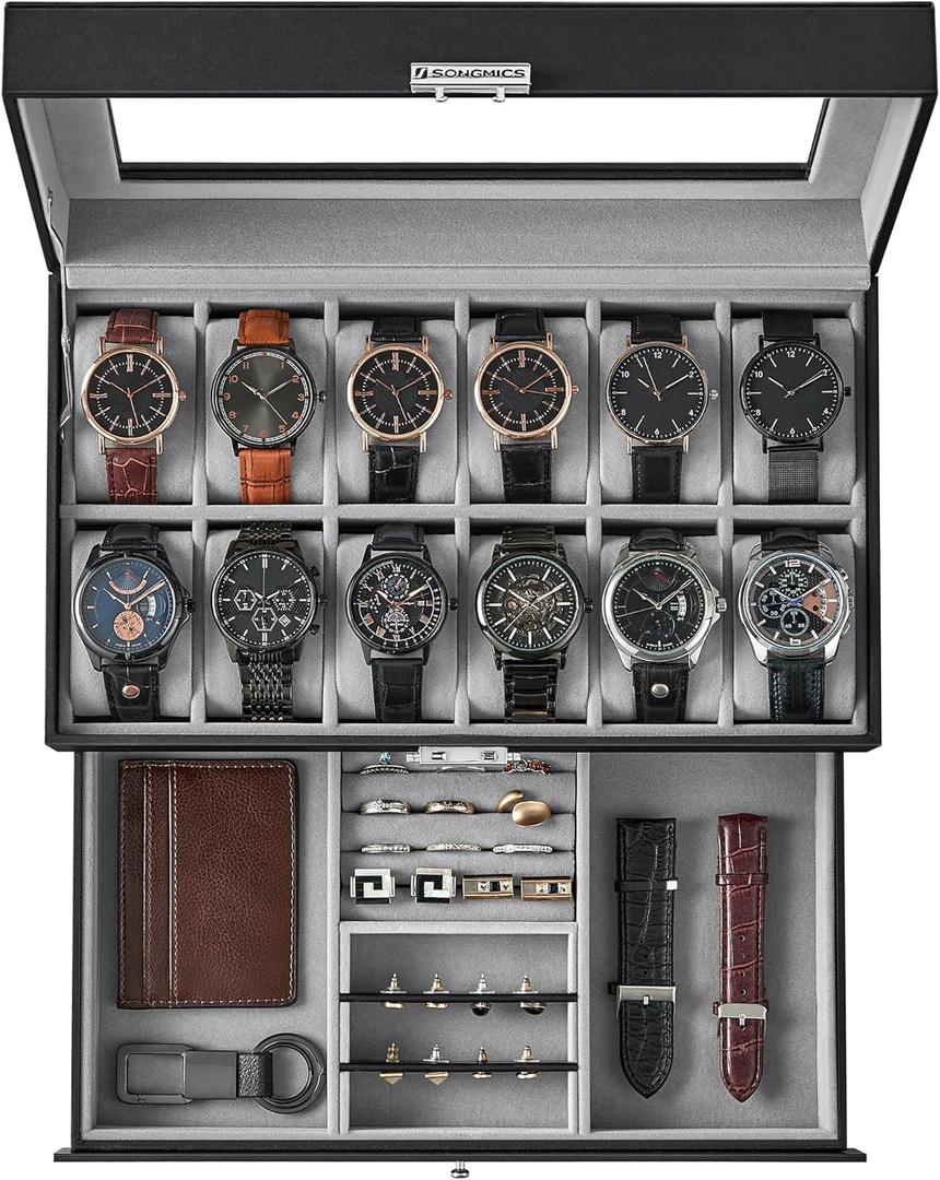 SONGMICS Watch Box, 12-Slot Watch Case Organizer with Large Glass Lid, 2 Layers, Removable Pillows, Metal Lock, Gift for Loved Ones, Black Synthetic Leather, Gray Lining UJWB012