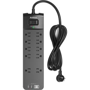 Addtam Power Strips with Surge Protection, 6FT Extension Cord with Multiple Outlets, Surge Protector Power Strip with 10 Outlets and 4 USB Ports(2 USB C), Flat Plug, 2700J, Black