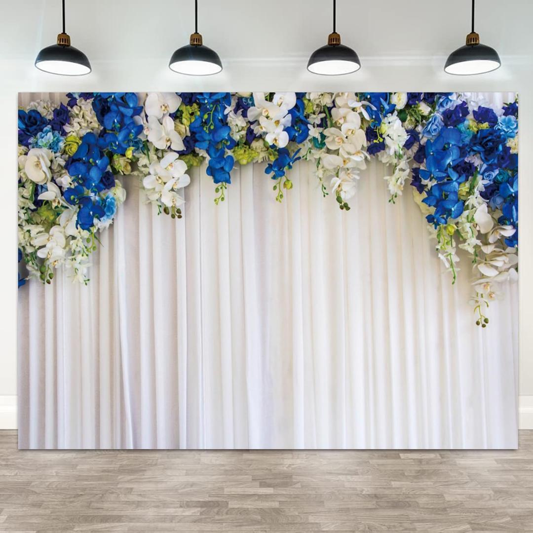 9x6ft White Wedding Backdrop White Blue Floral Flowers Photography Background Bride Groom Ceremony Party Bridal Shower Banner Decorations Engagement Proposal Portrait Photo Booth Prop