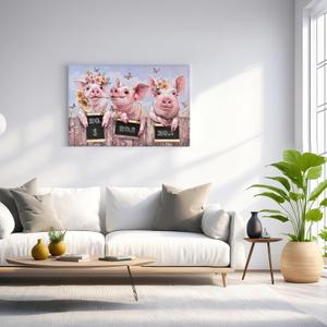 36"x24" Framed Canvas Picture Wall Art, Large Farm Animal Pictures, Cute Pigs Wear Flower Wreath Portrait Print, Textured Painting, 3D Acrylic Diamonds, Wood Strips, Glitters Details, for Ranch House
