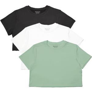 MAX ALLIE Women's Ultra Soft Cropped T Shirt Crew Neck Tees Casual Loose Fit Basic Lightweight (Black/White/Green), XL