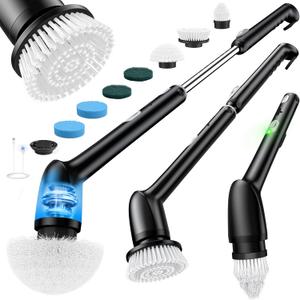 LyriFine Electric Spin Scrubber, New Full-Body IPX7 Waterproof Bathroom Cleaner Brush, Shower Scrubber with Long Handle & 2 Speed, Heads Replacement, Cleaning Supplies for Tub Shower Tile Floor (Pure Black)