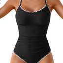 Eomenie Women's One Piece Swimsuit Tummy Control Slimming Bathing Suit Ruched Swimwear Tie Back Shell Stitch Swim Suit (Black White, S)
