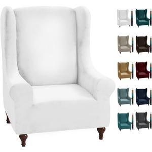 MAXIJIN Stretch Velvet Wingback Chair Slipcover 1-Piece Soft Stylish Plush Slipcovers for Wingback Chairs Thick Rich Velvet Wing Chair Cover with Elastic Bottom (Wing Chair, White)