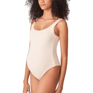 POSHDIVAH Women's Maternity Bodysuits Scoop Neck Sleeveless Tank Tops Stretchy Shapewear Soft Pregnancy Jumpsuits (Medium, Beige)
