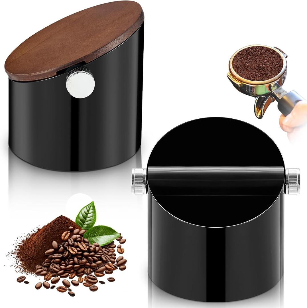 Espresso Knock Box with Walnut Lid for Coffee Grounds, Espresso Machine Accessory, Easy Disposal of Coffee Pucks, Removable Knock Bar(Black,Round)