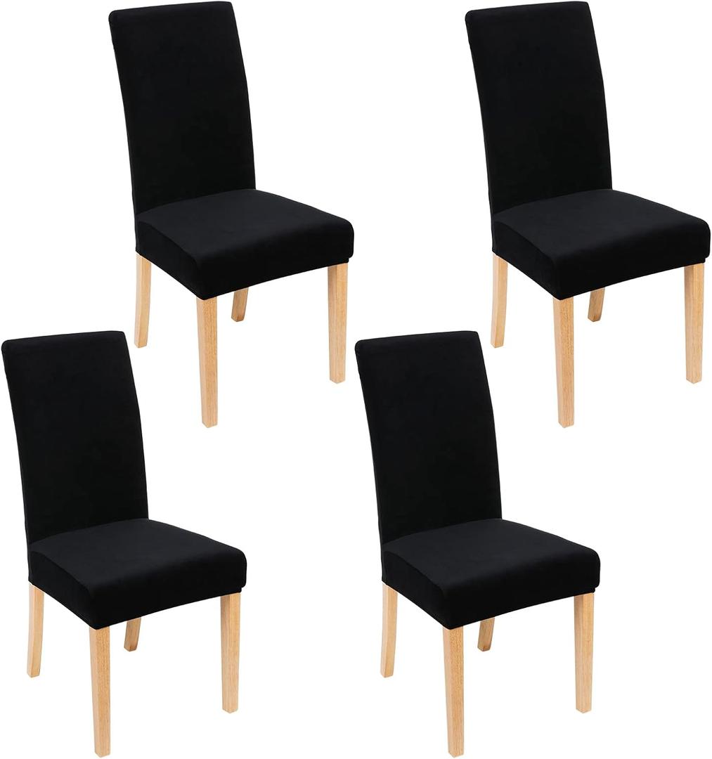 Velvet Stretch Chair Covers for Dining Room Set of 4, Soft Fit Removable Washable Kitchen Parsons Chair Slipcover Protector, Black