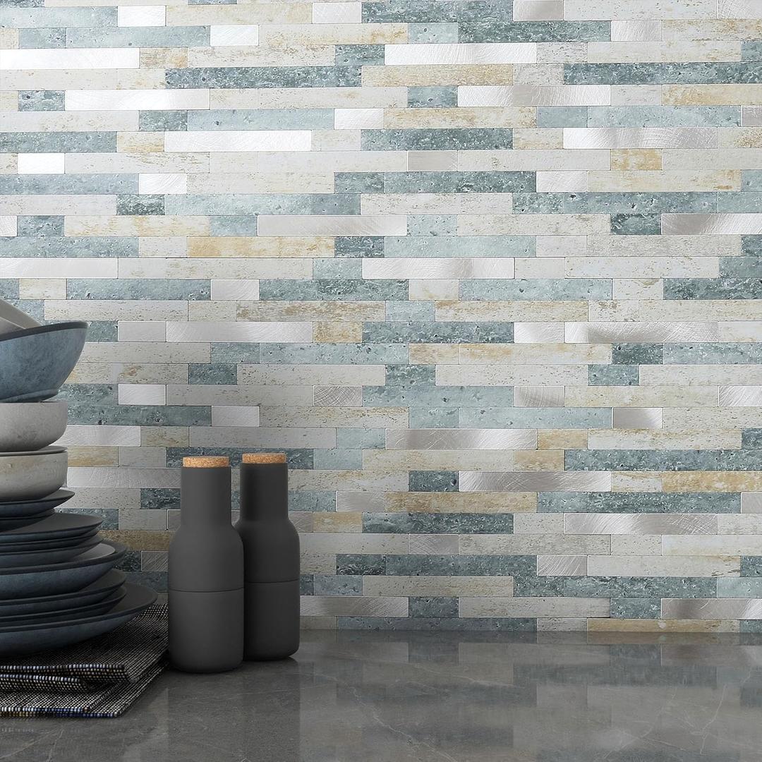 MOFIT 3D Stone Brick Backsplash Tile for Kitchen Peel and Stick Self-Adhesive Wall Tile,Marble Linear Mosaic Tiles Stickers Bathroom Wall Panels Fireplace Vanity (Blue Green Gray,10sheets)