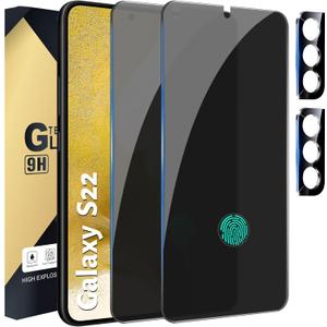 [2+2 Pack] Privacy Screen Protector Compatible with Galaxy S22 5G, 2 Tempered Glass with 2 Camera Lens Protectors - HD Clear - Bubble-Free - Anti-Spy - Scratch Resistant