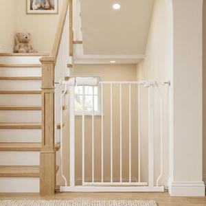 Baby Gate for Stairs and Doorways, 29-34" Dog Gates for The House, Pressure Mounted Indoor Pet Gate with Walk Thru Door, Auto Close Child Safety Gate, White