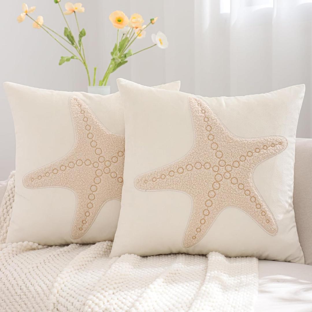 Tosleo Coastal Pillow Covers 18x18 Pack of 2 Beach Starfish Embroidered Throw Pillow Covers Beige Velvet Pillow Cushion Cases Farmhouse Decor Ocean Themed Cushion Covers for Spring Summer