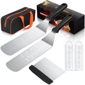 6-Piece Flat Top Griddle Accessories Kit for Blackstone and Camp Chef – Stainless Steel Tools with Carry Bag, Cleaning Brush, and Leak-Free Bottles​(6pcs) 