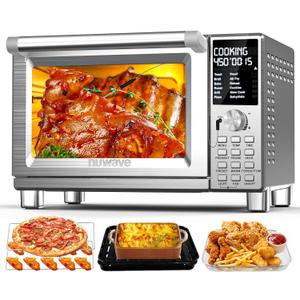Nuwave Bravo Pro Smart Toaster Oven Countertop, True Air Fryer Combo w/Improved 100% Convection, 35% Crispier, 112 Presets, Customizable Pizza Zones, Integrated Probe, PFAS Free, 30QT, Stainless Steel