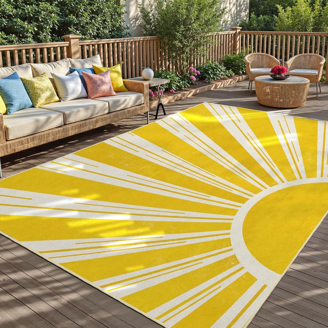 Arenarug Outdoor Indoor Area Rug Boho Sun Washable Outdoor Patio Rugs Medieval Aesthetic Vintage Abstract Art Non-Slip Carpet for Living Room, Patio, Porch, Pool Deck (5x8) (Yellow)