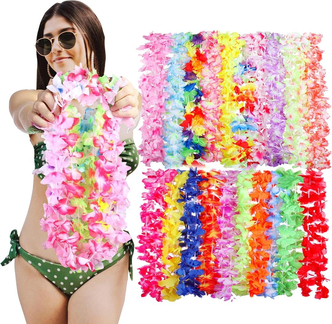 Hawaiian Leis for Luau Party 50 Pcs Tropical Hawaiian Flower Necklace Colorful Hawaii Leis Bulk Artificial Flowers for Hula Dance Decor Birthday Summer Beach Pool Party