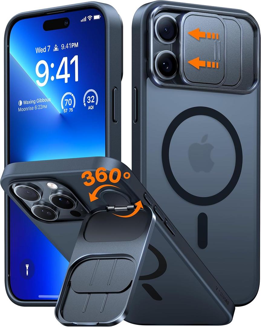 TORRAS Magnetic Shockproof for iPhone 16 Pro Case with Slide Camera Cover & 360 Spin Kickstand, Military Grade Drop Protection, Fit for MagSafe, Anti-Scratch & Anti-Fingerprint, Translucent Black (for iPhone 16 Pro (6.3 inch))