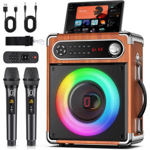 JYX Karaoke Machine with Two Wireless Microphones, Portable Bluetooth Speaker with Bass/Treble Adjustment, PA System with Remote Control, LED Lights,Supports TF Card/USB/AUX/TWS