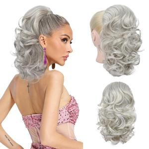 Flufymooz Ponytail Extension, 14 Inch Short Drawstring Ponytail Hair Extension for Women, Soft Synthetic Pony Tails Hairpiece for Women (Silver Grey)