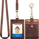 Wonderpool ID Badge Holder Genuine Leather Card Slots Case with Detachable Neck Lanyard and Retractable Badge Reel for Office School Hospital Exhibition ID & Driver Licence (Coffee)