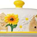 HAN SHENG Ceramic Butter Dish with Lid - Airtight Butter Keeper & Honeycomb Embossed Design - Farmhouse Countertop Storage, Rustic Kitchen Decor, Bee Garden Gift for Butter Lovers