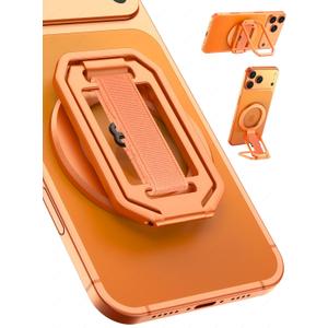 All-Aluminum Magnetic Phone Grip & Stand for Desk, Bed & On-the-Go – Compatible with MagSafe – Secure One-Hand Hold, Comfortable Scrolling, Hands-Free Video Calls, Sunset Orange