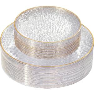 Rubtlamp 60Pcs Clear Plastic Plates,Clear Disposable Plates With Gold Rim,Heavy-duty Gold Plates,Hammered Party Plates Include 30Clear Dessert-Platos,30Dinner-Platos for Wedding, Party