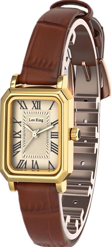 LEO RING Elegant Vintage Women's Watch Two-Tone with Roman Numerals, Mother of Pearl Dial and Brown Leather Strap Dainty Quartz Watch Includes Tool (Coffe Gold Brown)