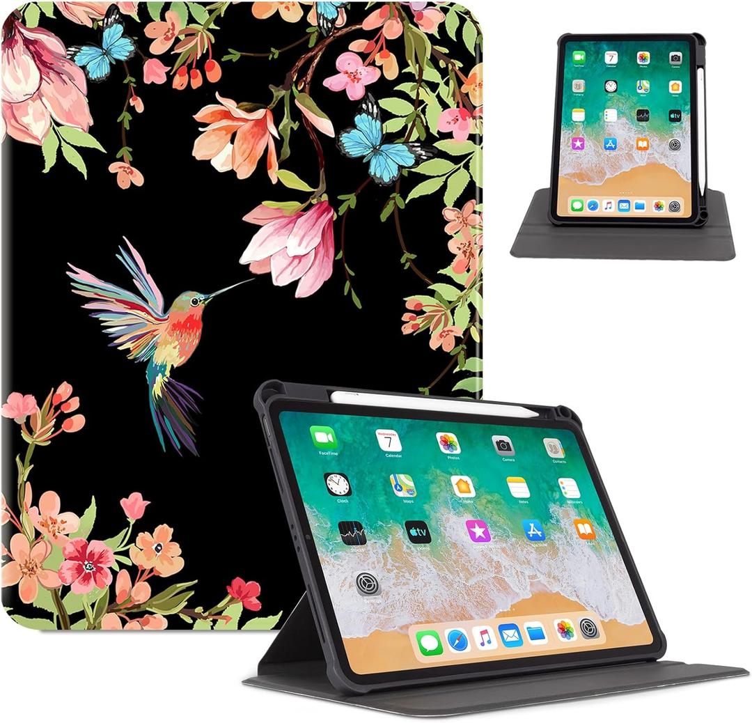 Rotating iPad Air 11 inch Case (M3/M2), Case for iPad Air 5th/4th Generation 2022/2020,360 Degree Rotating Multi-Angle View Stand with Pencil Holder case for iPad Pro 11-inch,Flower Hummingbird