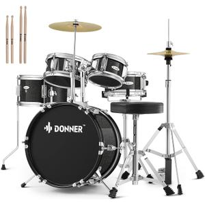 Kid Drum Sets-Donner 5-Piece for Beginners, 14 inch Full Size Complete Junior Drum Kit with Adjustable Throne, Cymbal, Hi-Hat, Pedal & Drumstick, Metallic Black, EDS-220