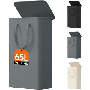 Lifewit 65L Slim Laundry Hamper, Small Laundry Basket with Lid, Dirty Narrow Collapsible Clothes Storage with Easy Carry Extended Handles, Tall Hampers for Bedroom Laundry Room, Grey, 1 Pack