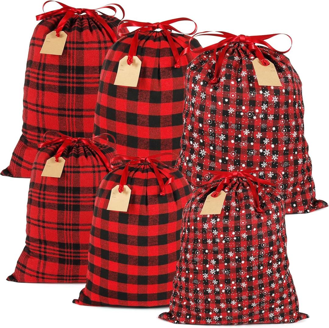 HRX Package Large Fabric Drawstring Gift Bags 20x16 16x12 inches, 6pcs Christmas Sacks Buffalo Plaid Big Cloth Gift Bags for Xmas Presents (Assorted)