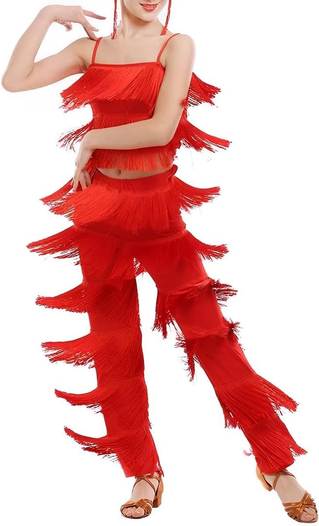 Women's Latin Tassel Dance top and Pant 2 piece sets for Ballroom Rumba Tango Salsa, Size: 6-7 Years