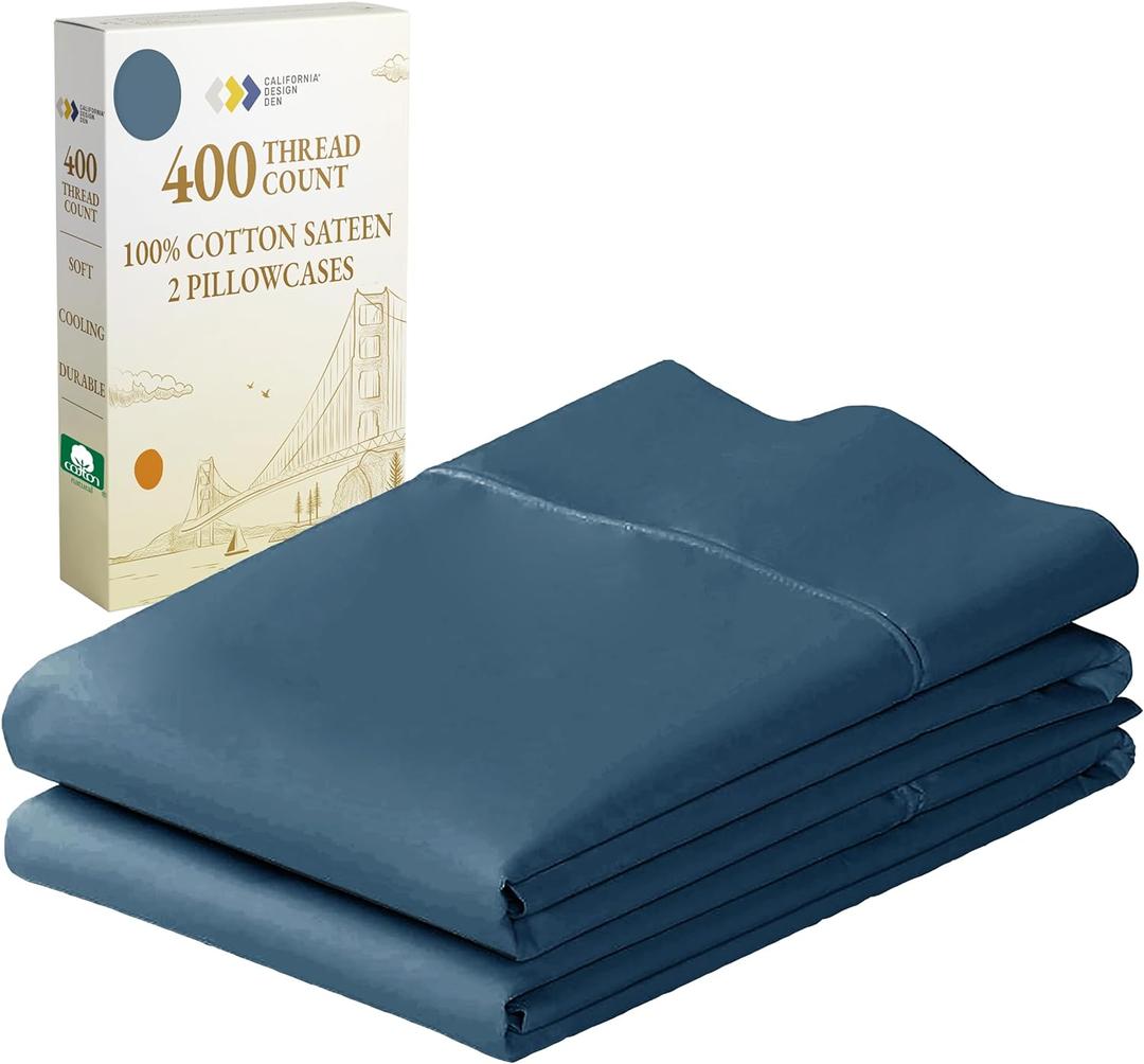 Standard Queen Size Pillowcase Set - 400 Thread Count, 100% Cotton Sateen, Set of 2 Pillow Covers, Breathable, Cooling, Soft for Quality Sleep - Peacock Blue
