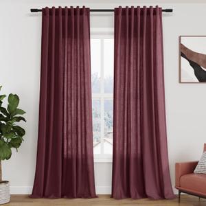 Burgundy Linen Curtains 90 Inch Long 2 Panels Set for Bedroom Living Room Linen Textured Window Drapes Semi Sheer Light Filtering Rod Pocket Back Tab Cotton Textured Farmhouse Curtain 52x90