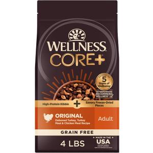 Wellness CORE+ Dry Dog Food with Freeze Dried Pieces, Grain Free, High Protein, Natural, Original Turkey & Chicken Recipe, (4-Pound Bag)