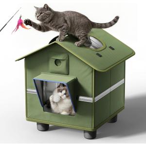 Outdoor Cat House for Outside with Elevated Base, Folding Roof Design and Cat Toys, Feral Stray Shelter Weatherproof in Garage Yard Porch, for Cats Up to 12 lbs