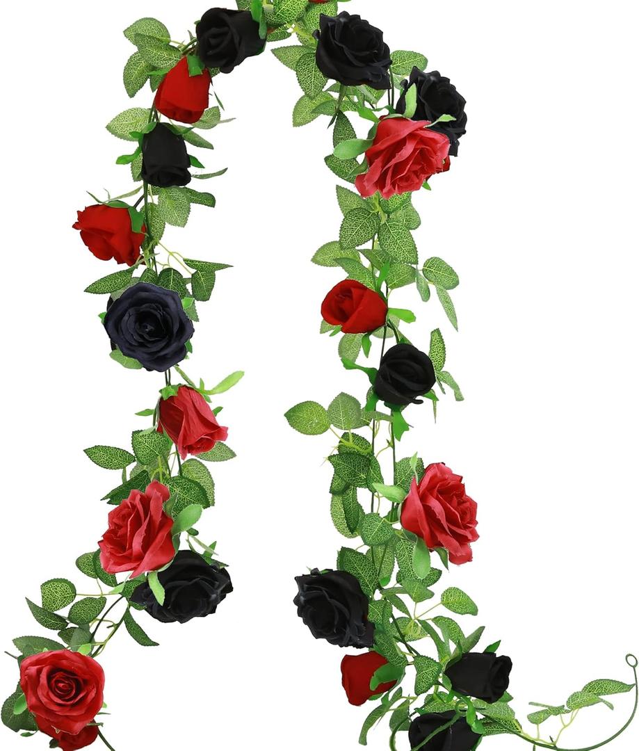 Greentime 2pcs Artificial Flower Garland 13 FT Fake Rose Vine 9 Heads Rose Garland for Wedding Arch Table Centerpiece Arrangement Room Baby Shower Birthday Decor (Black and Red)