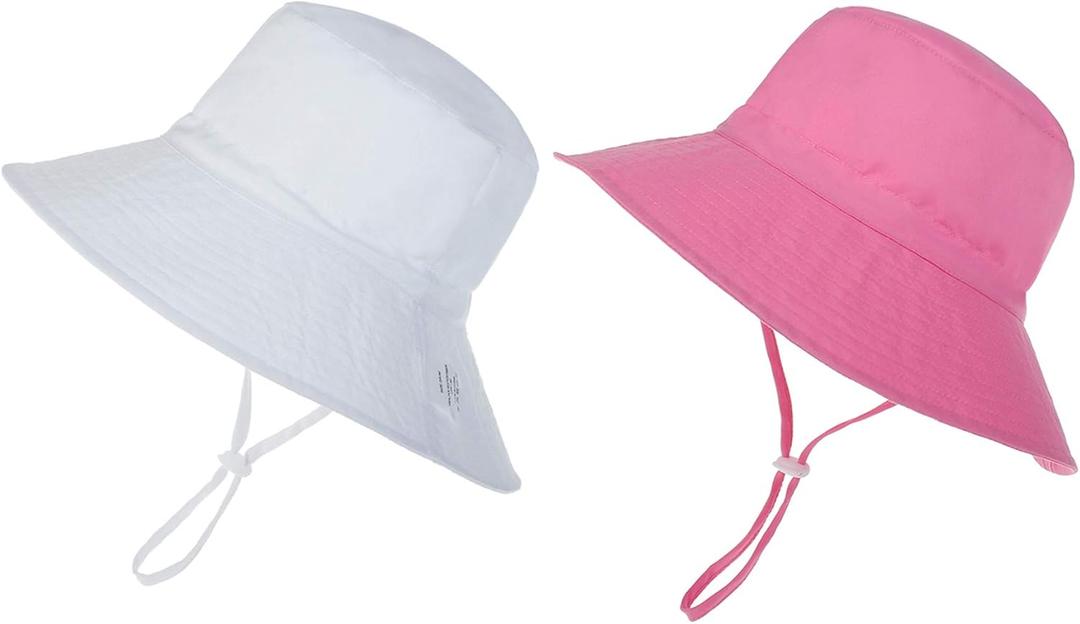 Zando Baby Girls Sun Hat Infant Summer Hat UPF 50+ Sun Protection Cap Wide Brim Bucket Hats for Baby Girls Boys (6-12 Months, White1&pink1)