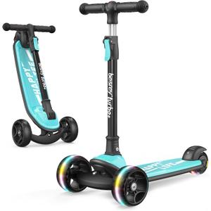 Besrey Kick Scooter for Kids Ages 3-10, 3-Wheel Folding Scooter with Adjustable Height, LED Light Wheels, Extra Wide Deck for Outdoor Activities