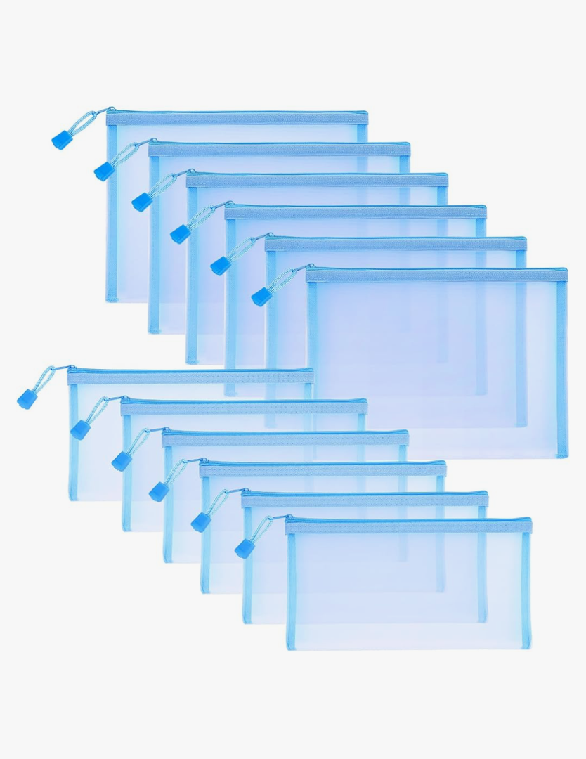 12 Pieces Zipper Nylon Mesh Pouch, Mesh Cosmetic Bags Makeup Bags Pencil Case, Multipurpose Travel Bags for Cosmetic School Office Supplies and Travel Accessories (Sky Blue, A5+B6)