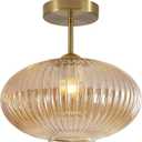 BOKT Vintage Brushed Brass Semi Flush Mount Ceiling Light Amber Ribbed Glass Pendant Light Mid Century Modern Gold Close to Ceiling Light Fixture for Indoor Use 9.8"