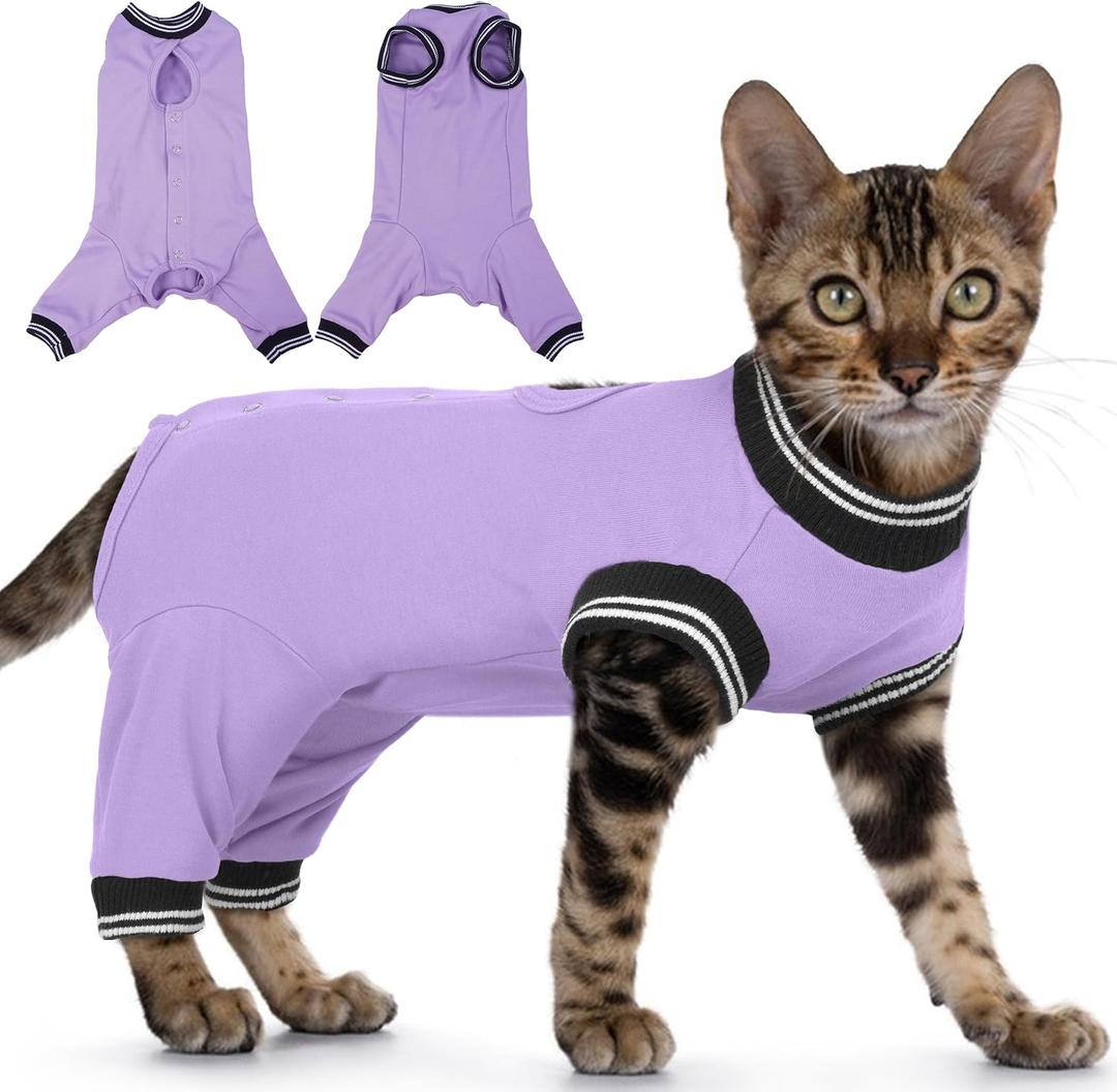 PUMYPOREITY Cat Recovery Suit for Hind Legs, Cat Surgical Spay Suit with Leg Sleeves to Stop Licking, Long Rear Sleeve Wound Cover Abdomen Kitten Onesie, Purple, L