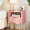 Masupu Nightstand with Charging Station,Mid-Century Modern Bedside Table with Storage Drawer and Open Wood Shelf,Small Gold Frame Side Table for Bedroom,Living Room (Pink)