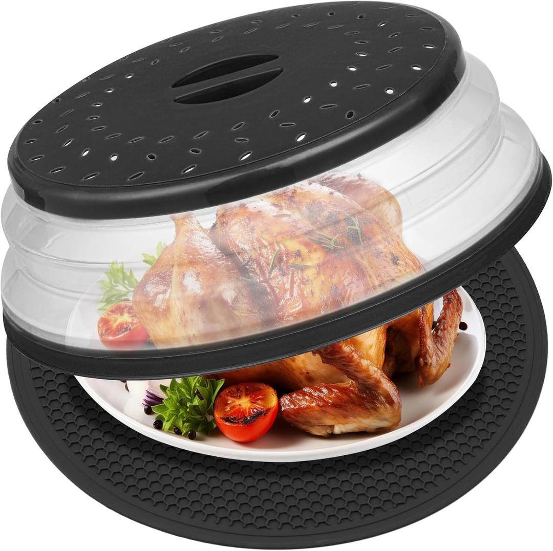 MAGJIUKE 12" Microwave food Cover & Mat,Large Vented Collapsible Splatter Guard dish Plate lid & Silicone Round Kitchen mat