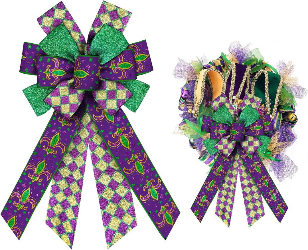 ALIBBON Large Mardi Gras Bows for Wreaths, Mardi Gras Wreath Bows, Purple Fleur de Lis Bows, Buffalo Plaid Bows for Front Door, Mardi Gras Decorations Glitter Bows for Mardi Gras Carnival Decor